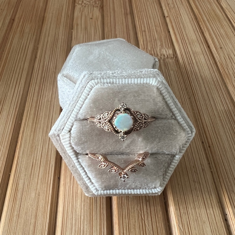 Michellia 14K rose gold + Australian fire opal floral ring set